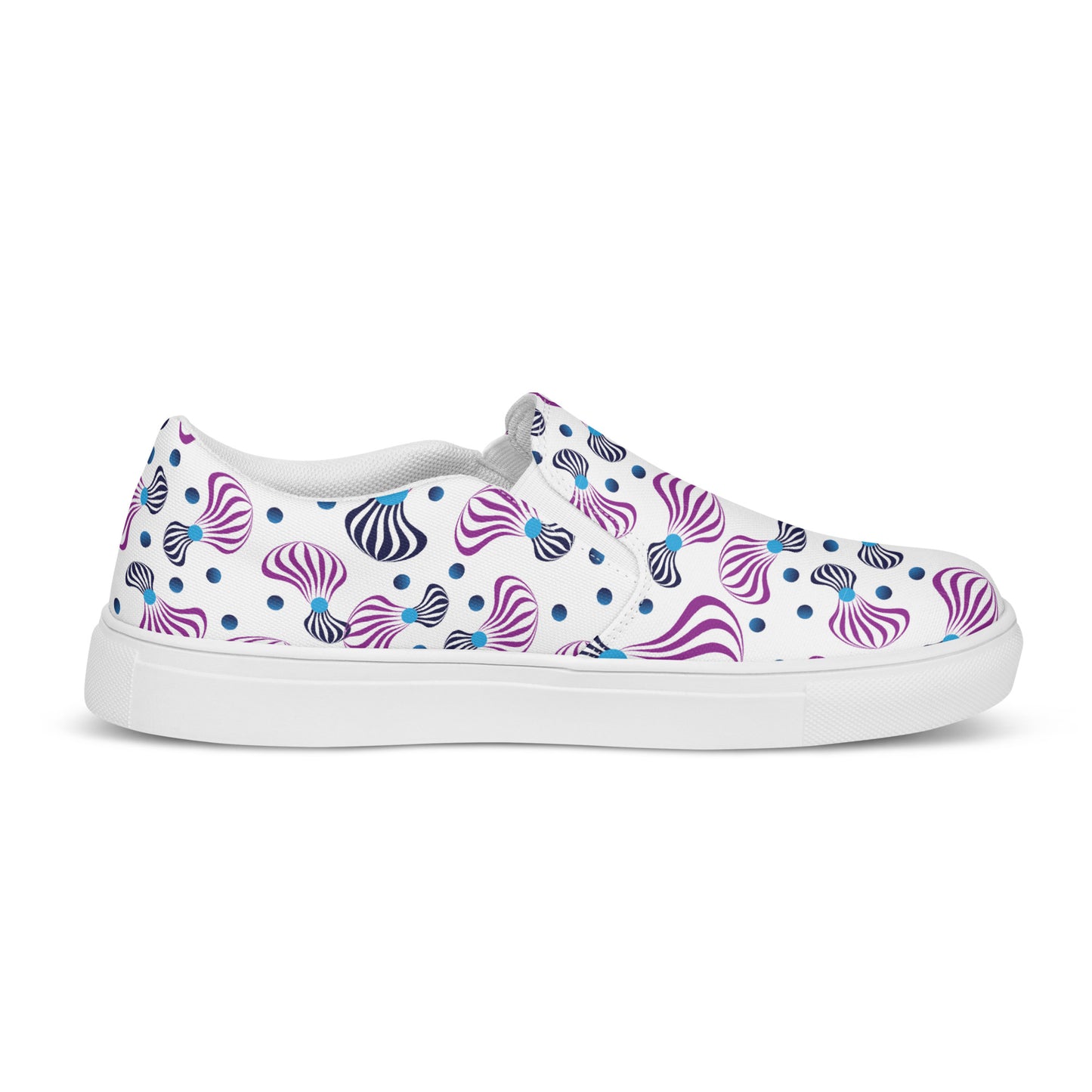 Women’s slip-on canvas shoes Kukloso Whimsical No 95 Purple/Aqua/Navy Spirials on White - Free Shipping