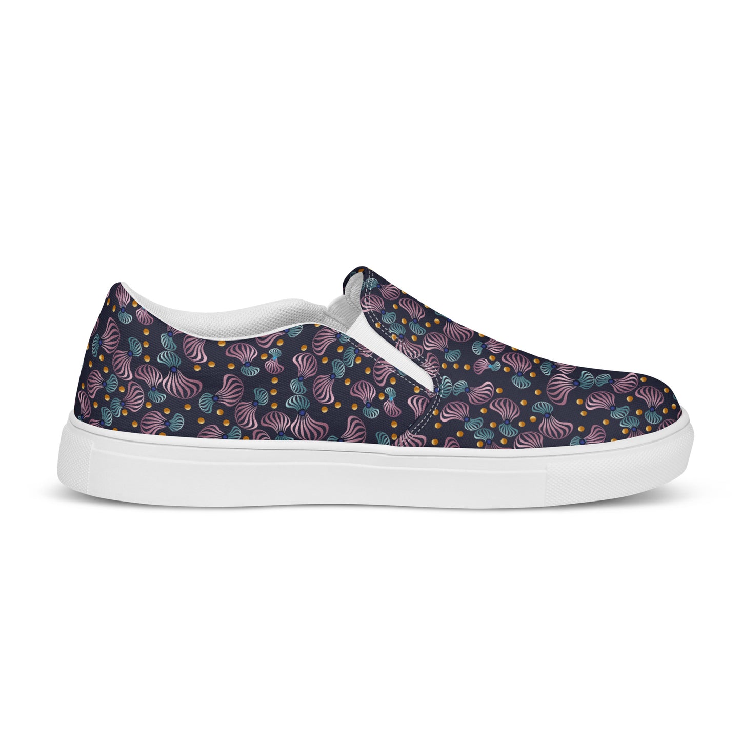 Women’s slip-on canvas shoes Kukloso Whimsical No 81 Pink/Aqua Spirials on Navy - Free Shipping