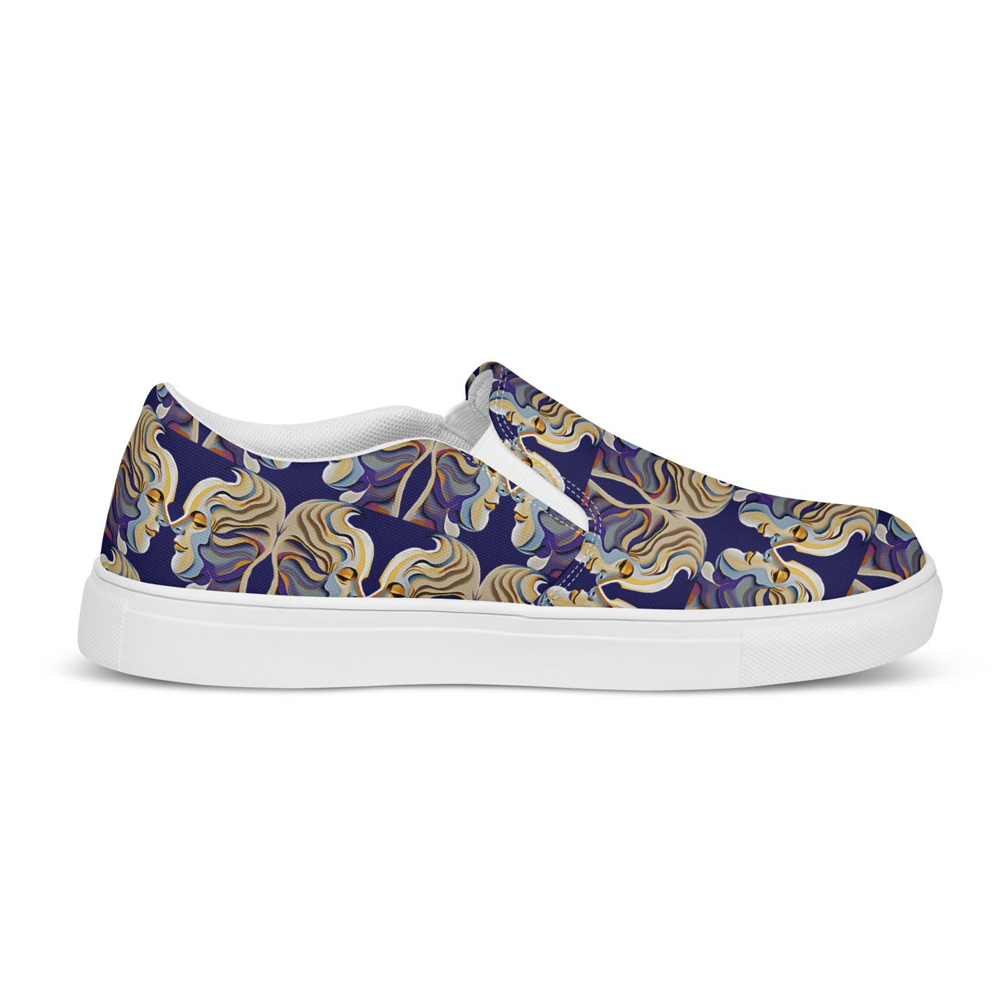 Women’s slip-on canvas shoes Kukloso Cubist Faces No 1 Large Pattern on Navy- Free Shipping