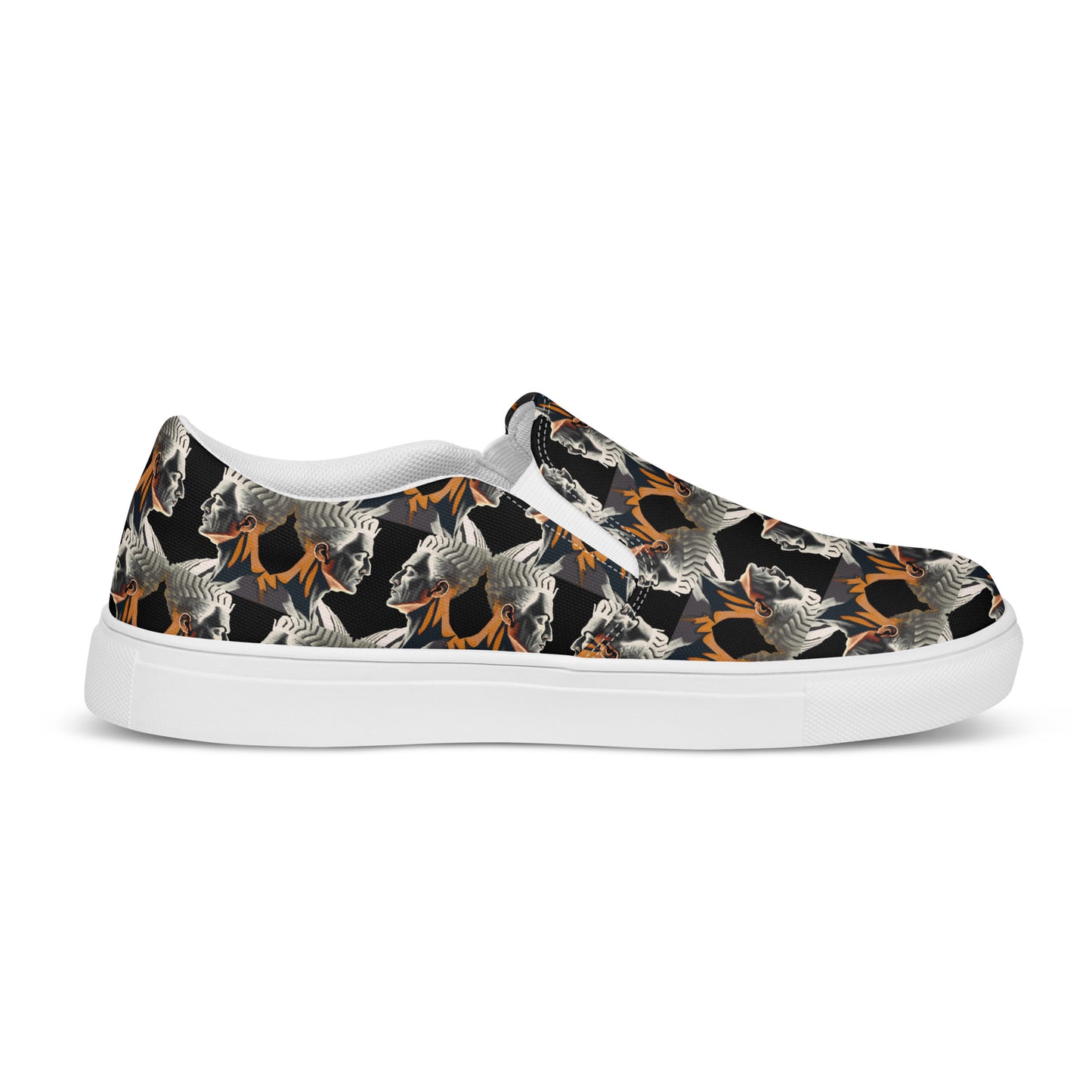 Women’s slip-on canvas shoes Kukloso Cubist Faces No 2 Large Pattern on Black - Free Shipping