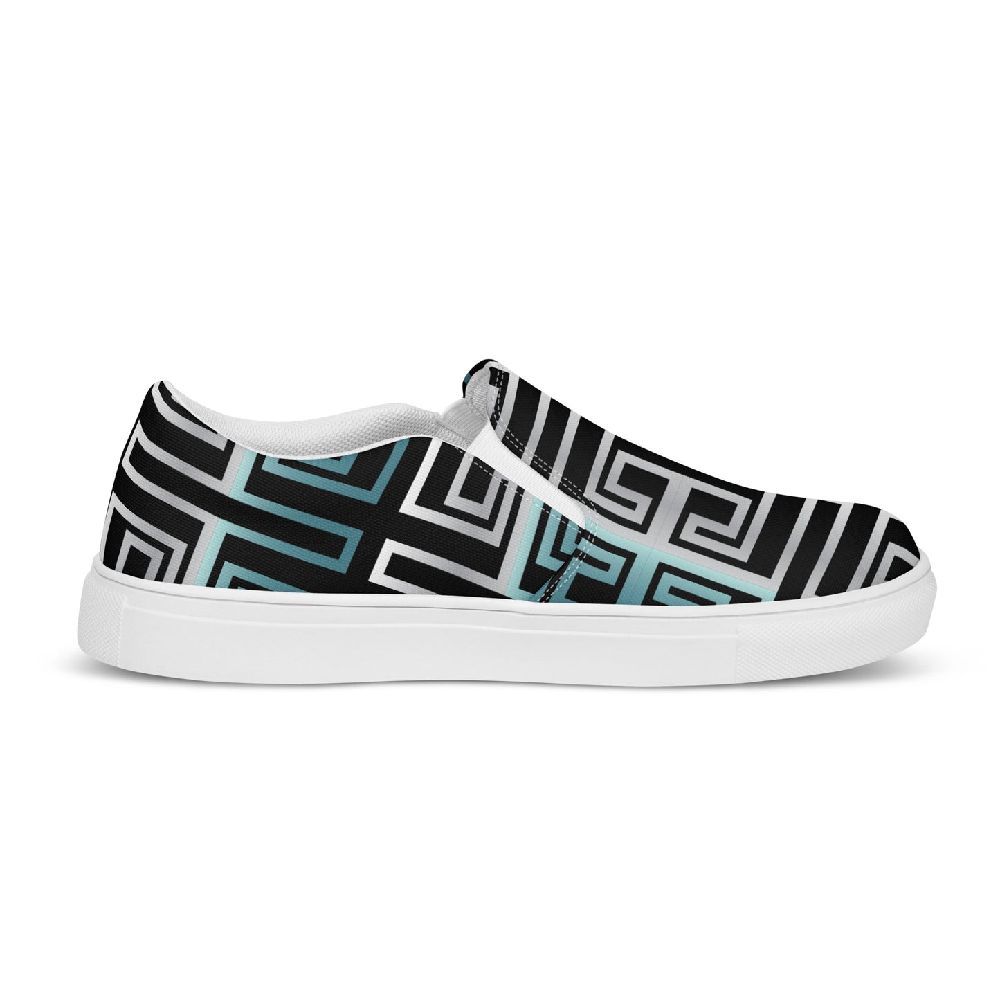 Women’s slip-on canvas shoes Kukloso Greek Border No 16 Silver/Aqua on Black - Free Shipping