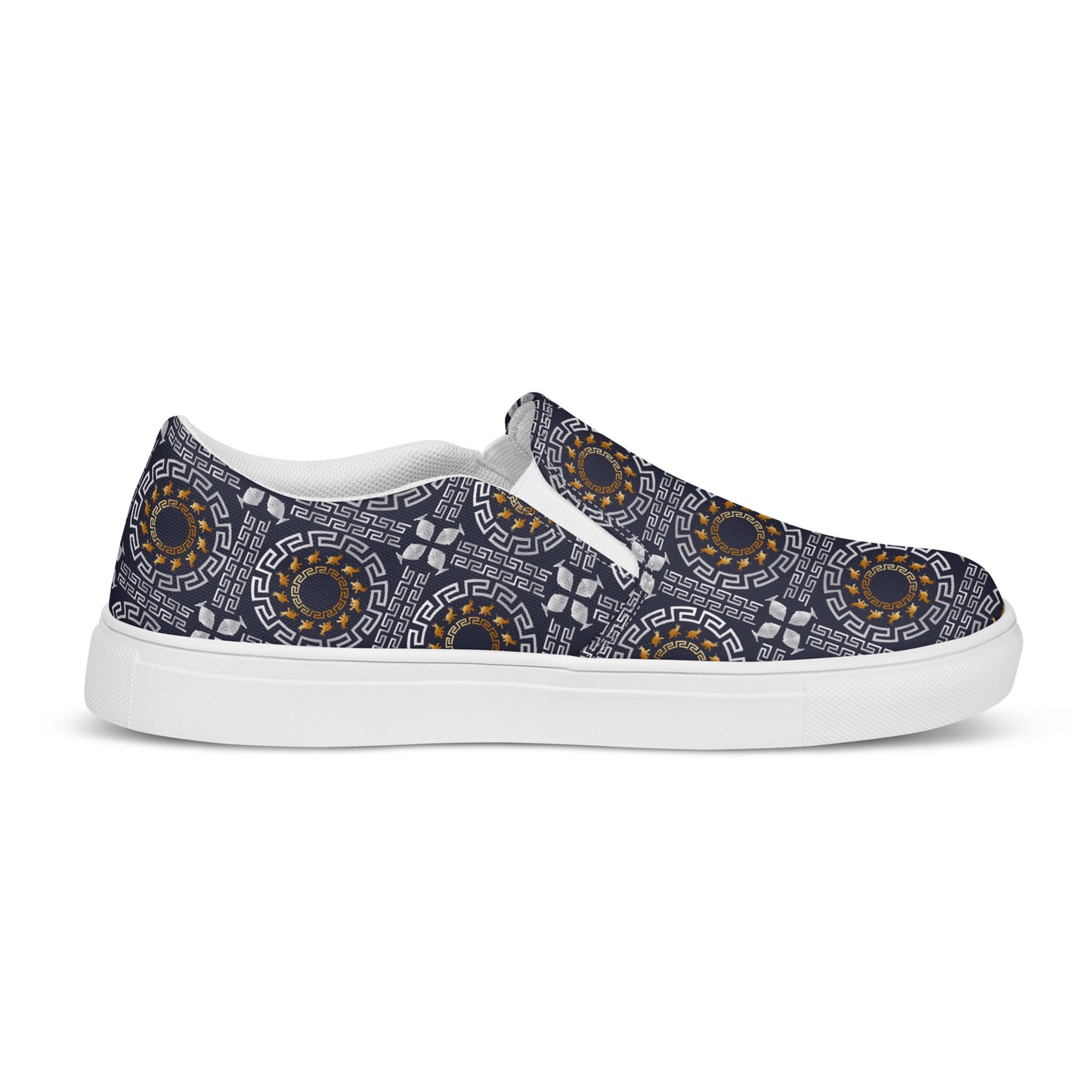 Women’s slip-on canvas shoes Kukloso Greek Border No 40 Ganesha on Navy - Free Shipping