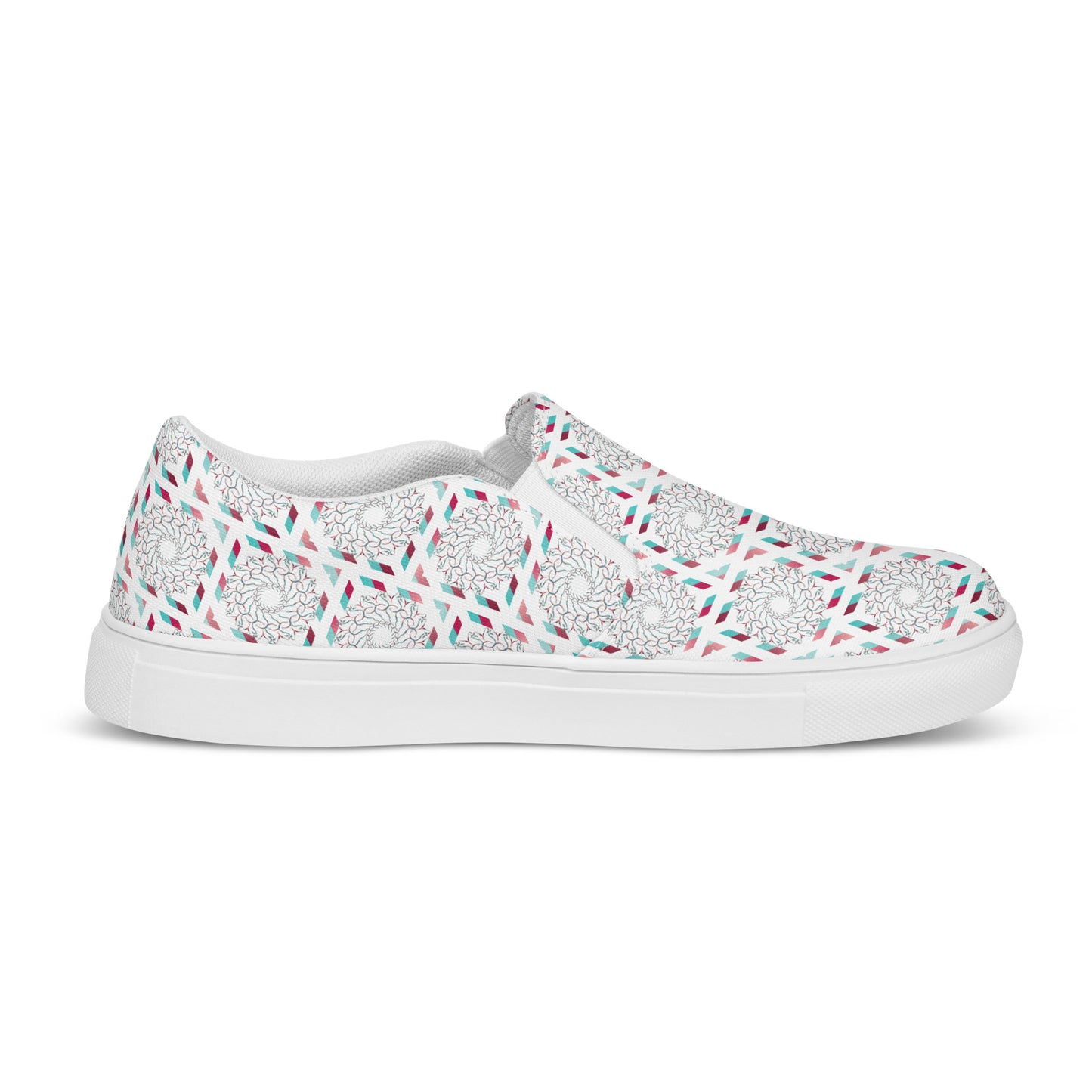 Women’s slip-on canvas shoes Kukloso Whimsical No 17 Red/Aqua on White - Free Shipping